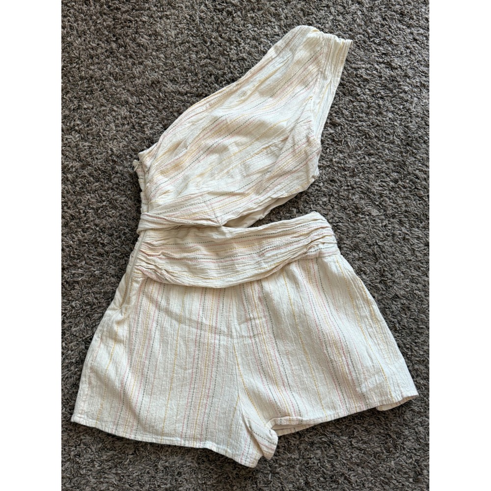 Free People One Shoulder Cutout Romper Cream Striped Boho Tie Waist Size 4 - Picture 5 of 9